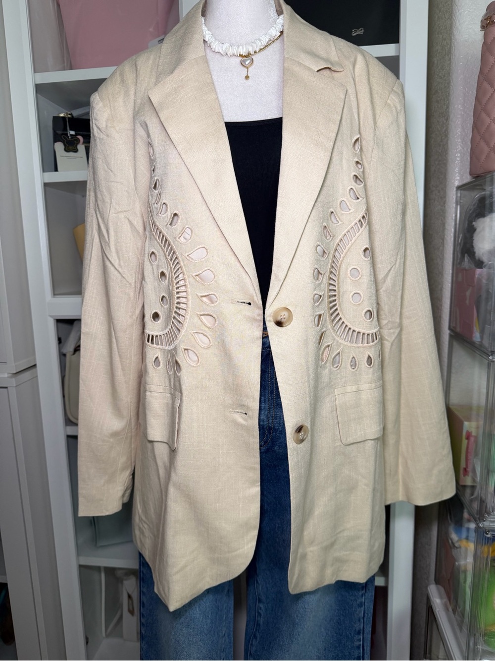 Beige Embroidered Openwork Blazer Jacket - Women's